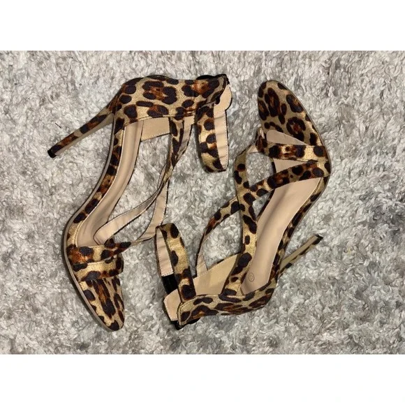 Leopard Print Strappy Stiletto Heels Ankle Strap Sandal Brown Black Size 10 - Picture 8 of 9